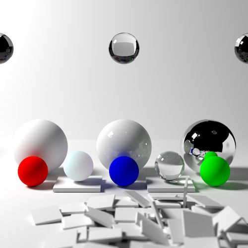 An image rendered using path tracing, demonstrating notable features of the technique